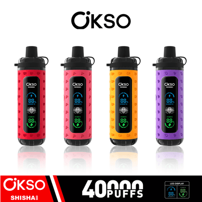 Quatre appareils ÖKSO Shisha aux couleurs vives (rouge, orange et violet) alignés avec des indicateurs de charge et de bouffées LED numériques affichés, légendés « 40 000 bouffées » et la marque du produit en bas.