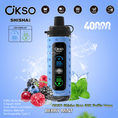 Affichage promotionnel de la vape OKSO Shisha Max Berry Mint, présentant ses caractéristiques telles que l'affichage LED, la capacité de 40 000 bouffées, le flux d'air réglable et la batterie rechargeable, avec des accents de conception de baies et de menthe.