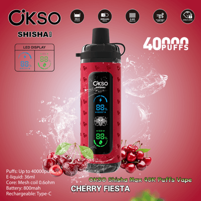 Image promotionnelle présentant l'appareil OKSO Shisha Max 40K Puffs Vape au goût Cherry Fiesta, avec des fonctionnalités telles qu'un écran LED, jusqu'à 40 000 bouffées, une capacité d'e-liquide de 36 ml, une batterie rechargeable de 800 mAh et une bobine en maille répertoriée sur un fond rouge avec des cerises décoratives.