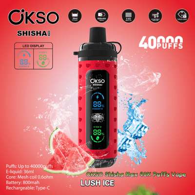 Image promotionnelle de l'OKSO Shisha Max 40K Puffs Vape présentant un appareil rouge avec des graphismes de pastèque, des spécifications indiquées, notamment une capacité d'e-liquide de 36 ml, une batterie de 800 mAh, rechargeable via Type-C et une saveur Lush Ice, sur un fond rouge avec des éclaboussures d'eau et des illustrations de pastèque.
