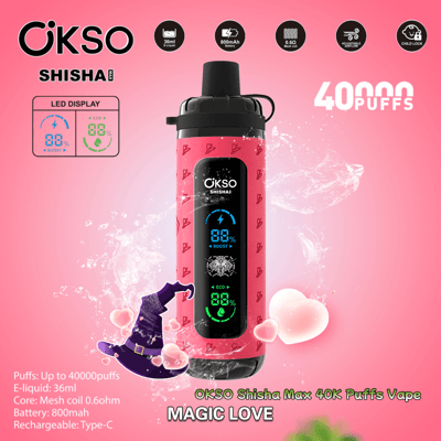 Image promotionnelle de la vape OKSO Shisha Max 40K Puffs en rose, avec un écran LED, des spécifications détaillées du produit et des graphismes décoratifs en forme de cœur et de chapeau de sorcier sur fond rose.