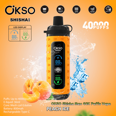 Image promotionnelle de la vape OKSO Shisha Max 40K Puffs au goût Peach Ice, avec un design orange avec des symboles de pêche, un affichage LED et un élément d'éclaboussure d'eau, ainsi que des spécifications telles qu'une batterie de 800 mAh et une capacité d'e-liquide de 36 ml.