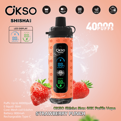 Image promotionnelle pour le OKSO Shisha Max 40K Puffs Vape au goût Strawberry Punch, doté d'un appareil détaillé de couleur orange avec écran LED et de spécifications telles qu'une capacité de e-liquide de 36 ml, une batterie rechargeable et un verrouillage enfant.