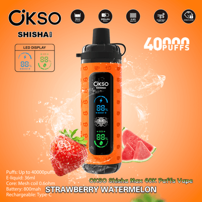 Image promotionnelle de la vape OKSO Shisha Max 40K Puffs au goût fraise pastèque, présentant son design orange avec des fonctionnalités d'affichage, ainsi que des icônes de produit mettant en évidence des spécifications telles qu'une capacité d'e-liquide de 36 ml et une batterie de 800 mAh.