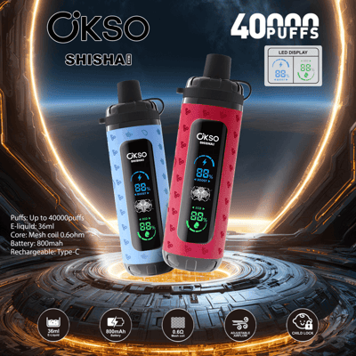Deux appareils de vapotage OKSO Shisha Pro, un rouge et un bleu, avec des écrans LED indiquant les niveaux de batterie et les paramètres, présentés sur une plate-forme circulaire futuriste avec des spécifications telles que « 40 000 bouffées » et « e-liquide 36 ml » inclus dans l'image.