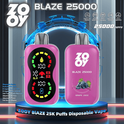 Image promotionnelle présentant la vape jetable ZOOY Blaze 25000 avec un écran numérique et une saveur de jus de raisin, mettant l'accent sur la capacité de 25 000 bouffées.