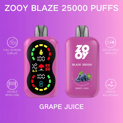 Deux appareils de vape Zooy Blaze 25000 Puff en violet, présentant des fonctionnalités telles qu'un affichage plein écran, un flux d'air réglable, une bobine à double maille et un réglage de la puissance ; étiquetés avec une saveur de jus de raisin et une illustration de pamplemousse.