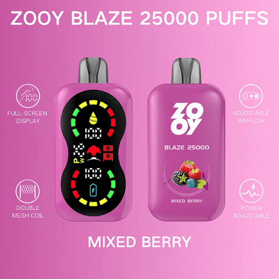 Deux appareils de vapotage colorés étiquetés ZOOY Blaze 25000 avec des fonctionnalités détaillées, affichés sur un fond rose avec une illustration de saveur de baies mélangées.