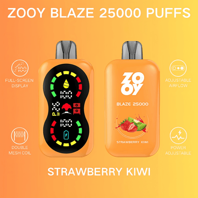 Image promotionnelle de l'appareil de vapotage ZOOY Blaze 25000 Puffs avec vues avant et arrière, saveur fraise kiwi, affichage plein écran, flux d'air réglable, réglages de puissance et conception de bobine à double maille, sur fond orange.