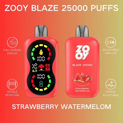Image promotionnelle présentant l'appareil de vapotage rouge Zooy Blaze 25000 bouffées avec des fonctionnalités telles qu'un affichage plein écran, un flux d'air réglable, une bobine à double maille et un réglage de la puissance, ainsi qu'une description de la saveur de la fraise et de la pastèque.