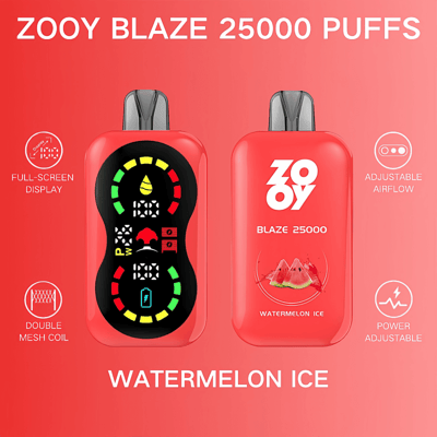 Deux appareils de vapotage rouges étiquetés « Zooy Blaze 25000 Puffs » avec des fonctionnalités mises en évidence, notamment un affichage plein écran et une saveur Watermelon Ice.