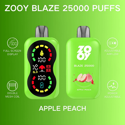 Image promotionnelle présentant l'appareil de vapotage ZOOY Blaze 25000 Puffs en vert, doté d'un affichage plein écran, d'un flux d'air réglable, d'une bobine à double maille, d'un réglage de puissance et d'une saveur pomme pêche.
