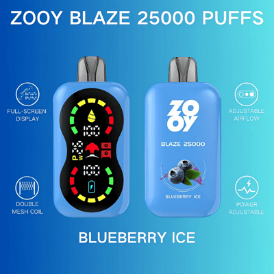 Image promotionnelle de la vape ZOOY Blaze 25000 Puffs au goût Blueberry Ice, montrant deux modèles et mettant en évidence des fonctionnalités telles qu'un affichage plein écran, un flux d'air réglable, une bobine à double maille et des réglages de puissance réglables.
