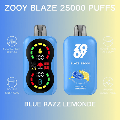 Image promotionnelle présentant la vape Zooy Blaze 25000 Puff avec une saveur de limonade Razz bleue, dotée d'un affichage numérique plein écran, d'un flux d'air réglable, d'une bobine à double maille et de capacités de réglage de la puissance.