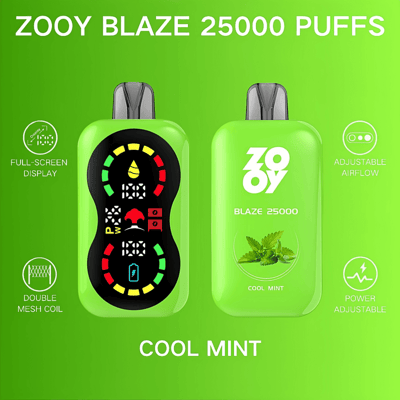 Image promotionnelle de la vape Zooy Blaze 25000 bouffées au goût de menthe fraîche, présentant son design vert avec un affichage numérique plein écran, un flux d'air réglable, une bobine à double maille et des fonctions de réglage de la puissance sur un fond dégradé vert.