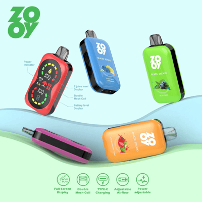 Image du produit présentant les appareils de vapotage Zoooy Blaze 25000 dans différentes couleurs, mettant en évidence des fonctionnalités telles que l'affichage plein écran, la bobine à double maille, la charge de type C, le flux d'air réglable et le réglage de la puissance.