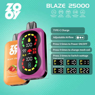Publicité de l'appareil de vapotage ZOLOY Blaze 25000 présentant un design coloré avec des réglages réglables pour le flux d'air, la bobine en maille et la puissance, des instructions illustrées et des informations sur le produit affichées à côté de l'appareil.