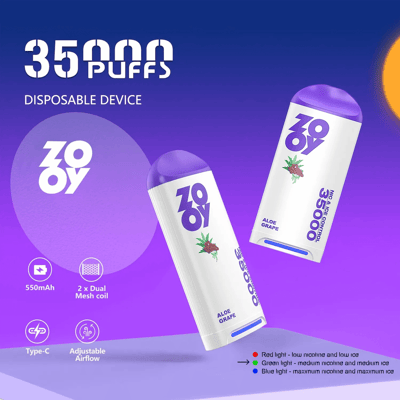 アロエグレープ風味を特徴とし、550mAh バッテリー、デュアル メッシュ コイル、Type-C 充電、調整可能なエアフロー、ニコチンと氷のレベル設定を示すインジケーター ライトなどの機能を備え、35,000 回の吸引が可能な ZOOY 使い捨て vape デバイスのグラフィック広告。