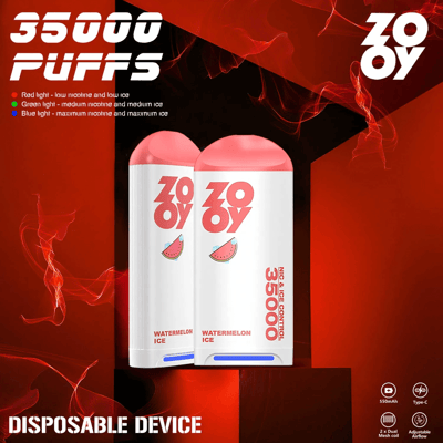 真っ赤な背景に、スイカアイス風味で 35,000 回の吸引が可能な Zoooy 使い捨て電子タバコデバイスを紹介する画像。調整可能なニコチンや氷のコントロールなどの機能が強調されています。