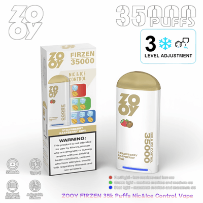 ストロベリー、ラズベリー、キウイ風味の ZOOY Firzen 35000 ニコチンおよびアイス コントロール ベイプの画像。調整可能なレベルと製品パッケージが紹介されています。