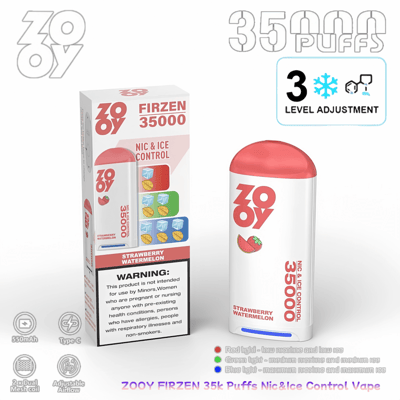 ZOOY FIRZEN 35000 パフ ニコチン＆アイス コントロール ベイプ デバイス (ストロベリー ウォーターメロン フレーバー) をパッケージと一緒に展示。調整可能なニコチンおよびアイス コントロール レベルなどの機能を紹介します。