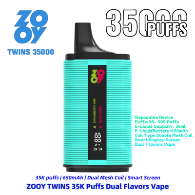 Image promotionnelle de la vape jetable Zooy Twins 35 000 bouffées, présentant un appareil turquoise avec un écran intelligent affichant deux saveurs : fraise-kiwi et fruits rouges. Le produit est doté d'une batterie de 650 mAh, d'une capacité de 36 ml d'e-liquide, d'une résistance à double maille et d'une capacité de 35 000 bouffées.