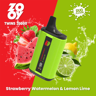 Image promotionnelle pour un appareil de vapotage Zooy Twins 35000, présentant un design vert et noir avec les saveurs Fraise Pastèque et Citron Vert sur un fond vibrant avec des illustrations de fruits.