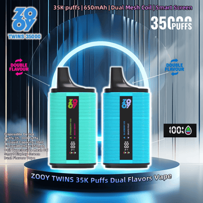 Image promotionnelle pour l'appareil de vapotage jetable ZOOY TWINS, présentant son design élégant bleu et noir avec un affichage numérique ; les points forts incluent 35 000 bouffées, une batterie de 650 mAh, des bobines à double maille, un écran intelligent et des options de saveur double telles que « Energy Berry Mint » et « Blueberry Ice Grape Fruit ».