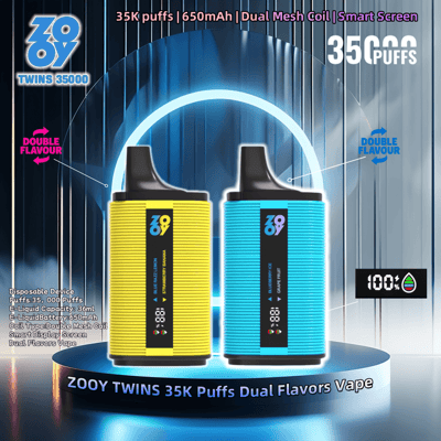 Image promotionnelle présentant deux appareils de vapotage jetables Zooy Twins 35000 aux couleurs jaune et bleu, mettant en valeur leur capacité à double saveur, leur capacité de 35 000 bouffées, un écran intelligent et une batterie de 650 mAh.