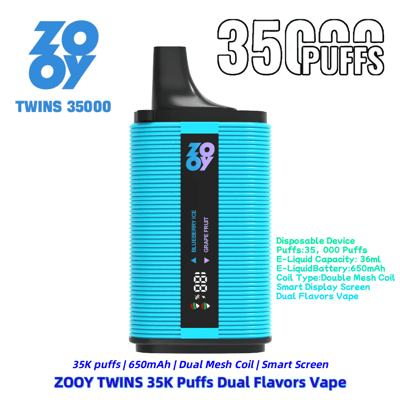 Une image promotionnelle de l'appareil de vapotage jetable ZOOY Twins 35000 Puff, doté d'une bobine à double maille et d'un écran d'affichage intelligent dans un design côtelé bleu, capable de deux saveurs, Blueberry Ice et Grape Fruit.