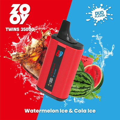 Image promotionnelle pour l'appareil de vapotage Zooy proposant deux saveurs : Watermelon Ice et Cola Ice, avec un arrière-plan coloré et des visuels associés à la saveur.