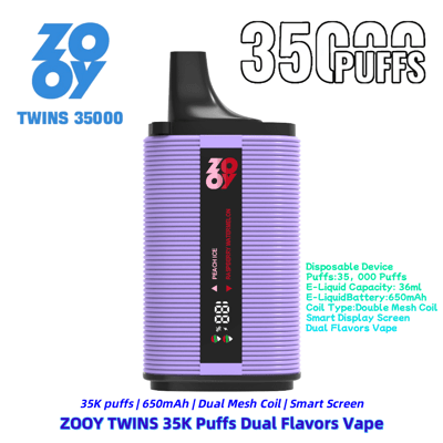 Une image promotionnelle de la vape à double saveur ZOOY Twins 35 000 bouffées, avec un design côtelé violet, étiqueté « Peach Ice » et « Raspberry Watermelon », avec des détails sur sa batterie de 650 mAh, sa capacité d'e-liquide de 36 ml et son écran d'affichage intelligent.