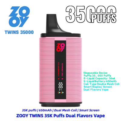 Une image promotionnelle du ZOOY TWINS 35K Puffs Dual Flavors Vape montrant un appareil de vape jetable rose avec un design élégant, un système de bobine à double maille, un écran intelligent, une batterie de 650 mAh et deux saveurs : Strawberry Ice et Pink Lemonade, soulignant sa capacité à délivrer 35 000 bouffées.