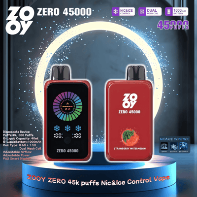 Imagen promocional que muestra los dispositivos de vapeo desechables ZOOY ZERO 45000 bocanadas con diseños duales, con especificaciones que destacan el control de Nic&Ice, tecnología de bobina de malla dual, una batería de 1000 mAh, configuraciones ajustables y opción de sabor a sandía y fresa.