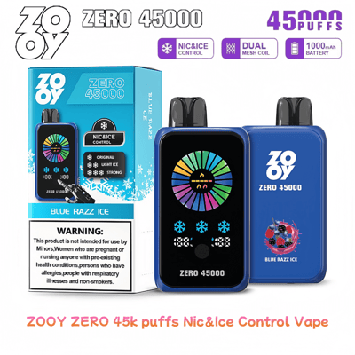 Imagen promocional que muestra el vaporizador ZOOY Zero 45000 con sabor Blue Razz Ice, con control NIC e ICE, bobina de malla doble y una batería de 1000 mAh, junto con el empaque y los detalles del producto.