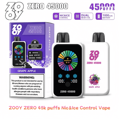 Imagen promocional del vaporizador ZOOY ZERO de 45000 bocanadas con control Nic & Ice en sabor a uva y manzana, con empaque colorido y detalles de diseño, incluida una etiqueta de advertencia clara para un uso apropiado.