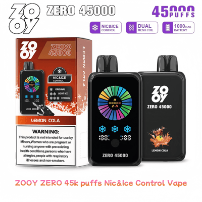 Imagen promocional del vaporizador ZOOY Zero 45000, con configuraciones ajustables de nicotina y hielo con una bobina de malla doble, batería de 1000 mAh y empaque con sabor a Lemon Cola.