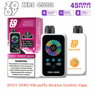 Imagen del dispositivo de vapeo electrónico ZOOY ZERO 45000 con sabor a Mango Passion Guayaba, funciones de control Nic & Ice, bobina de malla dual y una batería de 1000 mAh, junto con sus detalles de empaque y marca.