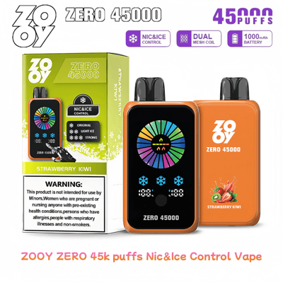 Imagen promocional del dispositivo de vapeo ZooY Zero 45000 con 45,000 bocanadas, sabor a fresa y kiwi, control NIC&ICE, bobina de malla doble y opciones de batería de 1000 mAh con etiqueta de advertencia sobre restricciones de uso.