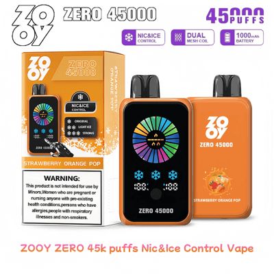 Imagen promocional del vaporizador ZOOY Zero 45000 con bobinas de malla doble, una batería de 1000 mAh, válvulas de control NIC y Ice y empaque con sabor Strawberry Orange Pop.