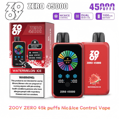 Imagen promocional del vaporizador electrónico ZOOY ZERO de 45000 bocanadas con sabor a sandía helada, que muestra tecnología de bobina de malla dual, configuraciones ajustables de Nic&Ice y una batería de 1000 mAh, junto con un empaque detallado.
