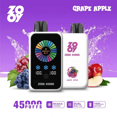 Imagen promocional del dispositivo de vapeo ZO OY Zero 45000 que presenta una pantalla interactiva negra, gráficos de control de hielo e información sobre su sabor a uva y manzana, diseño de bobina de malla doble y capacidad de batería de 1000 mAh sobre un fondo violeta.