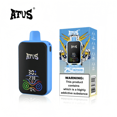 A digital vaping device with a blue design alongside its packaging featuring a warning about addictive substances and branding details.