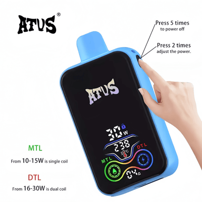 A blue Atus-branded vaping device with an LCD screen displaying settings for MTL and DTL vape modes, wattage, and temperature, featuring instructions for power adjustments through button presses.