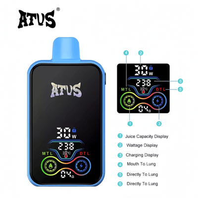 Product image of the ATUS vaping device in blue, showcasing its front panel with labeled display features such as wattage, juice capacity, and mode indicators for Mouth To Lung (MTL) and Directly To Lung (DTL).