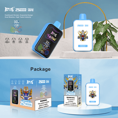 Promotional image showcasing ATUS vaping device with dashboard screen and packaging for flavors like Blueberry Ice and Mixed Fruit on a blue and white background.