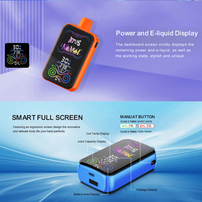 Promotional image showcasing a modern vaping device with a colorful digital display, highlighting features such as power and e-liquid display, smart full screen, and ergonomic design.