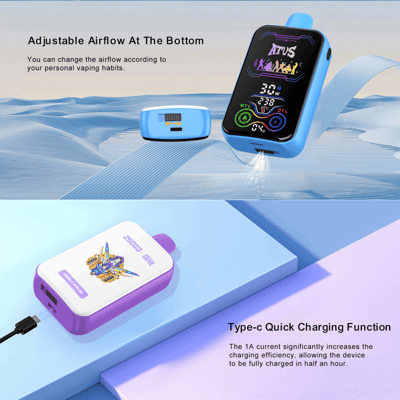 Promotional image featuring two vaping devices: one shows adjustable airflow at the bottom, and the other highlights Type-C quick charging capability with 1A current for fast charging.