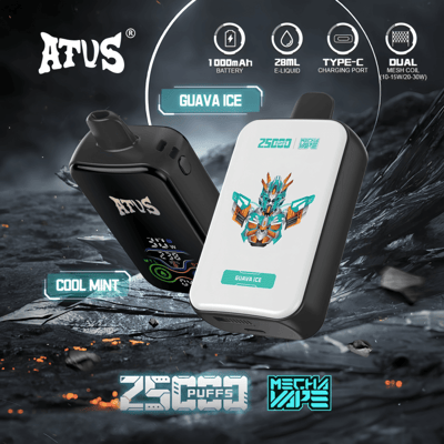 Promotional image showing two ATUS vape devices highlighting flavors Cool Mint and Guava Ice with 28ml e-liquid capacity, 1000mAh battery, Type-C charging, dual mesh coil, and 25000 puffs capability.