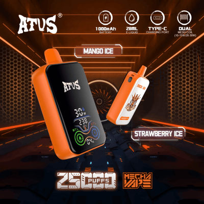 Promotional image showing two Atus Mecha Vape devices with 25000 puffs, flavors Mango Ice and Strawberry Ice displayed against an orange-themed futuristic background, featuring specifications like 1000mAh battery and 28ml e-liquid capacity.